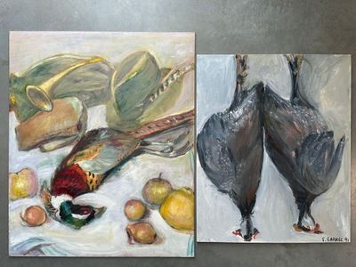 tableau représentant deux tableaux représentant des oiseaux et des fruits posés sur une table