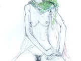 drawing of a woman sitting on a stool with a scarf around her neck