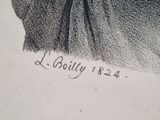 an old black and white drawing of a woman in a dress