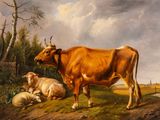 un tableau représentant une vache et deux moutons dans un champ