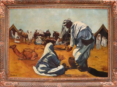 une peinture à l'huile représentant un homme et une femme agenouillés devant un chameau
