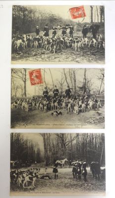 trois vieilles photos en noir et blanc représentant un groupe de personnes avec des chevaux