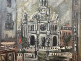 tableau représentant un grand bâtiment avec une tour horloge au cœur d'une ville