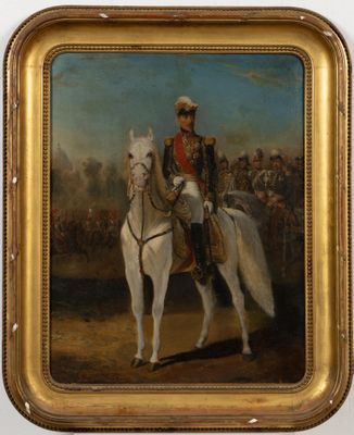 painting of a man in uniform riding a white horse in front of a crowd
