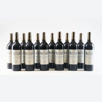 six bouteilles de vin sont alignées sur une surface blanche