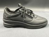 the shoe is grey and has a zipper on the side of the shoe