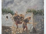 un vieux tableau représentant un homme à cheval tirant une charrette