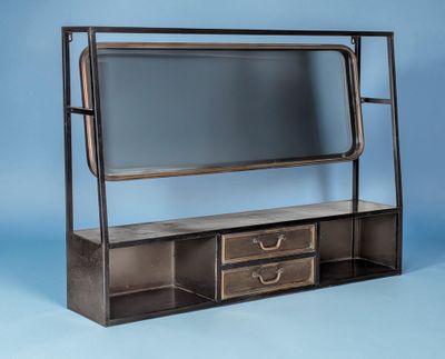 une photo d'un meuble TV avec un miroir et des tiroirs