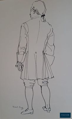 dessin représentant un homme en manteau et chapeau, debout, les mains dans les poches