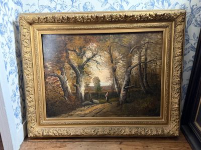 un vieux tableau représentant une scène boisée avec des arbres au premier plan