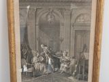 an antique print of a family in a living room