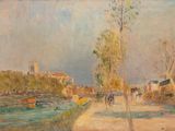 une image représentant un tableau où l'on voit une rue, une rivière et des bâtiments
