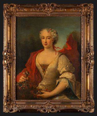 a painting of a woman in a white dress holding flowers