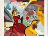 une image représentant un tableau d'une femme en robe rouge tenant une guitare