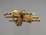 an image of a gold bee broochle with a red stone