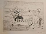 drawing of horses grazing in a field with trees in the background