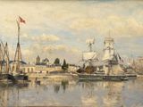 tableau représentant une vue d'un port avec des bateaux et des bâtiments en arrière-plan