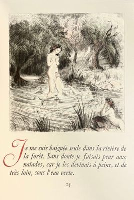 un dessin représentant une femme debout sur une bûche dans l'eau
