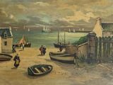 un tableau représentant une scène de plage avec des bateaux sur le rivage