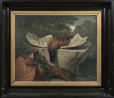 une peinture à l'huile représentant un faisan posé sur une table, sur laquelle se trouve un oiseau