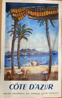 une affiche représentant une plage avec des palmiers