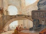 an image of a painting of a fountain with a statue in the background