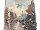 une peinture de personnes marchant dans la rue sous la pluie
