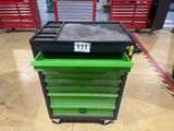 a green and black tool cart sitting on top of a hard wood floor
