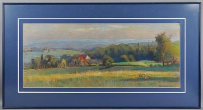 an oil painting of a landscape with houses and trees in the distance