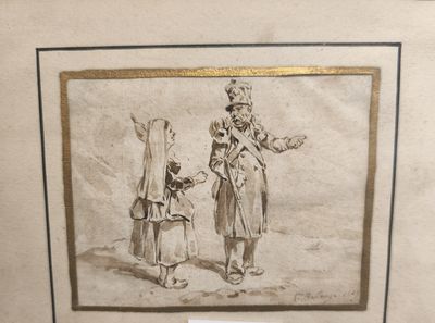 un vieux dessin représentant un homme et une femme debout l'un à côté de l'autre