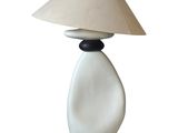 une image représentant une lampe blanche munie d'un abat-jour beige