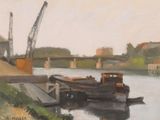 a painting of a boat on the water near a bridge