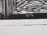 a black and white drawing of a door and a fence