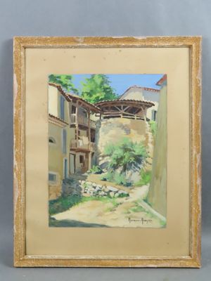 une peinture à l'huile représentant un vieux bâtiment avec un chemin devant