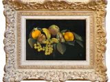 painting of oranges, grapes, and other fruit on a black background