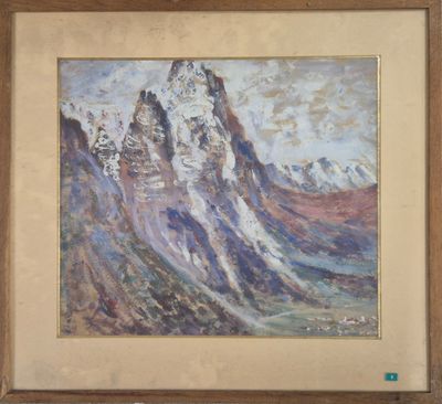 une peinture à l'huile représentant une chaîne de montagnes, encadrée et accrochée au mur