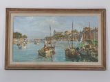 a painting of a harbor scene with boats in the water