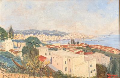 an image of a painting of a view of a city and water