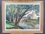 an oil painting of a river scene with a bridge and a church