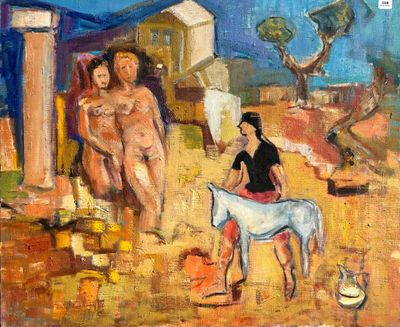 a painting of a woman riding a horse next to a man