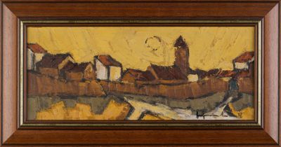 an image of a painting of a village with a clock tower in the background