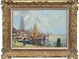 une peinture à l'huile représentant des bateaux dans un port, avec des personnes debout sur le rivage