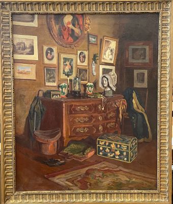 painting of a painting of a woman in a room with a dresser and a suitcase
