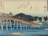 un tableau représentant un pont au-dessus d'un plan d'eau, avec des personnes dessus