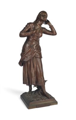 bronze statue of a woman with a hat on her head