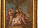 a painting of a painting of two chers and a baby