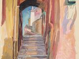 peinture représentant une ruelle avec des marches menant à un immeuble