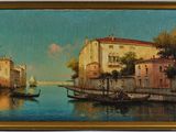 painting of a canal scene with a boat in the foreground