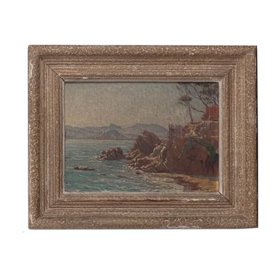 an oil painting of a rocky coast with a boat in the water
