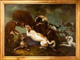 a painting of dogs attacking a lion in a field